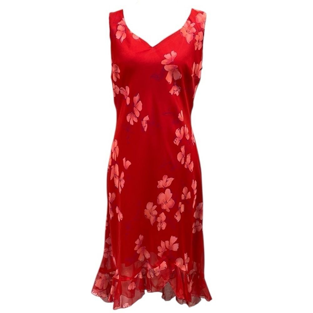 Vintage Believe Floral Ruffle Hem Sleeveless Midi Dress Coquette Y2K Sz 10 Red